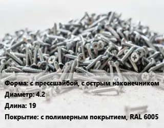 Шуруп с прессшайбой, с острым наконечником 4.2х19 с полимерным покрытием, RAL 6005